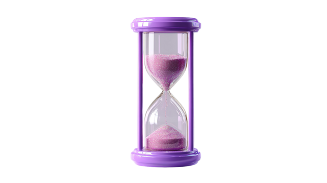 purple hourglass with sand 3d render icon in cartoon plastic style minimal isolated on transparent white background - Powered by Adobe