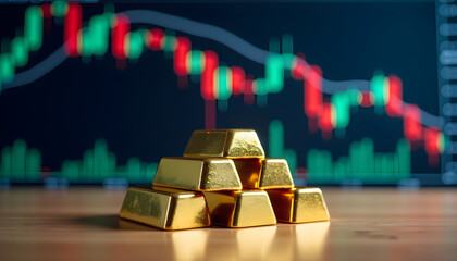 Gold bars stacked with a blurred stock market chart in the background