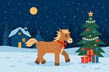 Christmas horse in snowy village, decorated tree, gifts, cozy home and winter night. Perfect festive illustration for cards, posters, and holiday projects.