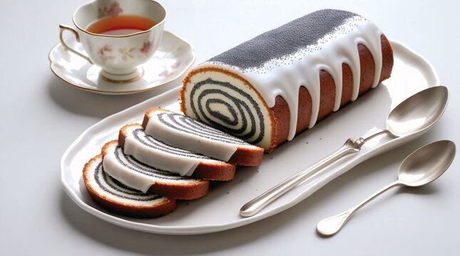 Cutting cake with spone and tea