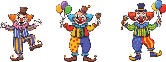 Funny cartoon clowns with balloons and props, colorful costumes, happy circus entertainers, cheerful expression, comic style illustration, joyful performance