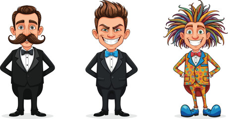 Funny cartoon men in suits, colorful characters with unique hairstyles, stylish tuxedo illustration, smiling gentlemen vector, creative comic design art