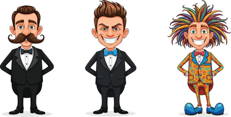 Funny cartoon men in tuxedos, colorful characters with unique hairstyles, smiling gentlemen vector illustration, stylish formal suits, creative comic design art