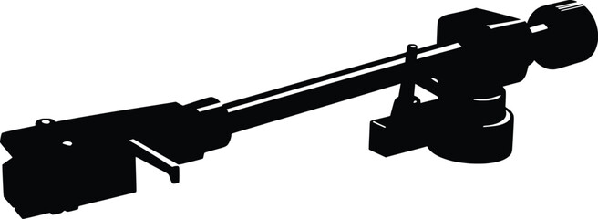 High-resolution black silhouette vector illustration of a classic turntable tonearm, an isolated graphic showing the stylus, arm, and counterweight for vintage hi-fi audio and vinyl record players