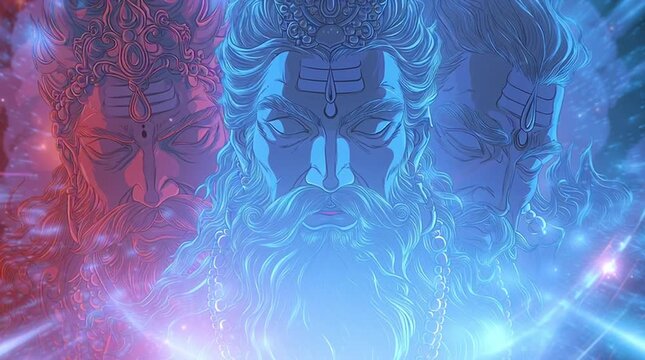 Animated close-up of Brahma, Vishnu, and Shiva with overlapping red, blue, and silver auras blending in a radiant spiritual harmony, creating a powerful and cinematic divine scene.
