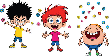 Happy cartoon kids playing with colorful flowers, funny children laughing and celebrating, joyful friends illustration, cheerful childhood fun moment art