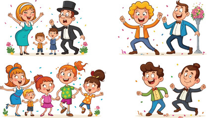 Happy cartoon people dancing and celebrating together, joyful family and friends having fun party illustration with confetti and colorful outfits