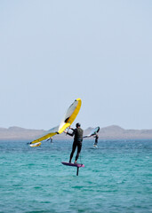 kitesurfer surfing on Atlantic ocean in Corralejo, Fuerteventura, Canary islands, Spain