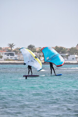 kitesurfer surfing on Atlantic ocean in Corralejo, Fuerteventura, Canary islands, Spain