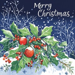 Christmas card with holly leaves and red berries, text "merry christmas", snow background, flat design