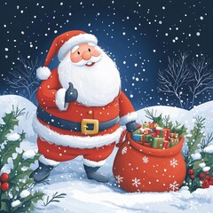 Christmas design- cartoon illustration of Santa Claus with his big bag full of gifts