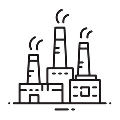 Outline icon of an industrial factory with multiple smoking chimneys, representing manufacturing, pollution, energy production, and the environmental impact of industry.