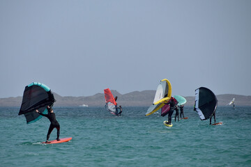 kitesurfer surfing on Atlantic ocean in Corralejo, Fuerteventura, Canary islands, Spain