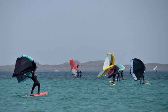 kitesurfer surfing on Atlantic ocean in Corralejo, Fuerteventura, Canary islands, Spain