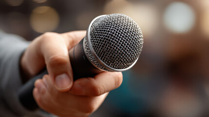 Close up of hand holding microphone, ready for business keynote speech. background is softly blurred, creating professional atmosphere