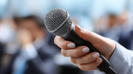 Hand holding microphone during business keynote speech, conveying professionalism