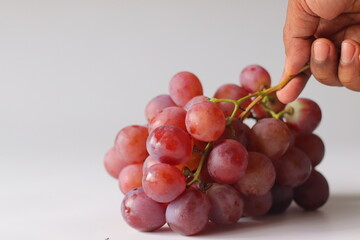 A hand holding Red table grapes, possibly Red Globe, Crimson Seedless, or Flame Seedless