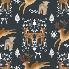 Seamless Christmas pattern on a dark background with deer and winter ornaments