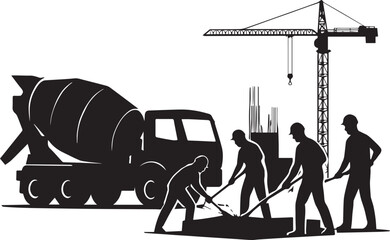 "Construction Site Silhouette with Cement Mixer Truck and Workers Pouring Concrete – Industrial Infrastructure Illustration"