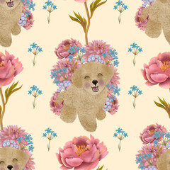 A cozy seamless pattern with dogs and bright flowers.