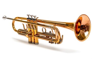Obraz premium Shiny golden trumpet isolated on white background, perfect for music schools, jazz bands, and elegant event promotions, evokes joy and creativity
