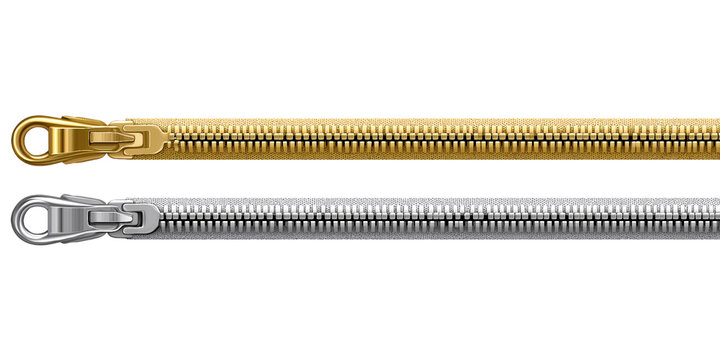 Gold and silver zipper details isolated on a transparent background