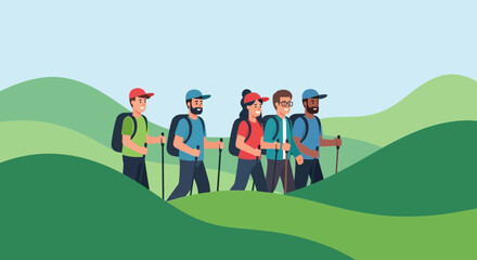 Group Of Hikers Traversing Mountainous Terrain Displaying Friendship And Collaborative Exploration