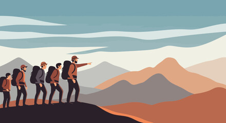 Group Of Hikers Traversing Mountainous Terrain Under A Serene And Expansive Sky