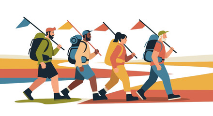 Group Of Hikers Traversing Scenic Landscape Guided By Colorful Marking Flags.