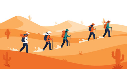 Group Of Hikers Traversing The Desert Towards Their Destination In A Scenic Illustration