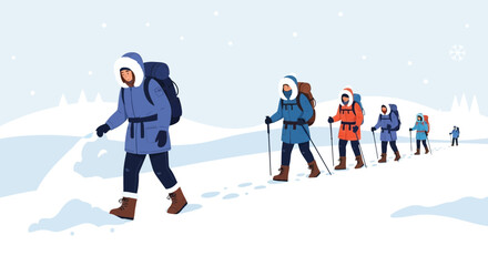 Group Of Hikers Traversing Snowy Terrain In Winter Weather With Backpacks And Poles