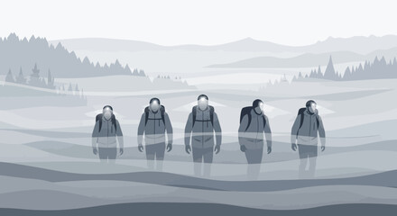 Group Of Hikers Traversing Snowy Terrain Against A Muted Landscape Backdrop