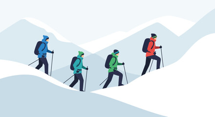 Group Of Hikers Traversing Snowy Terrain Towards Higher Elevations In The Mountains