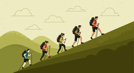 Group Of Hikers Traversing Uphill Path Depicting Perseverance And Outdoor Adventure