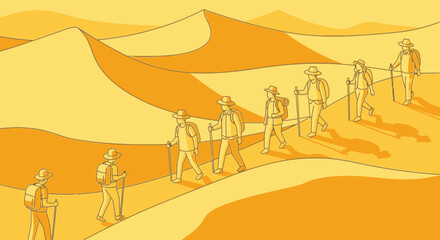 Group Of Hikers Traversing The Expansive Desert In Their Adventure Journey