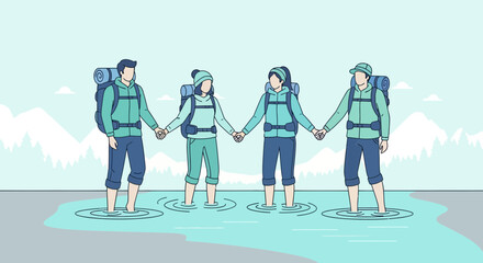 Group Of Hikers Traversing Water While Holding Hands For Adventure And Teamwork