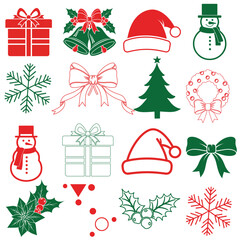 Christmas Holiday Icon Set with Santa Hat Snowman Gift Box Bells Tree and Decorations
