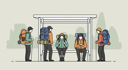 Group Of Hikers Waiting At A Bus Stop, Depicting Journey And Community Together