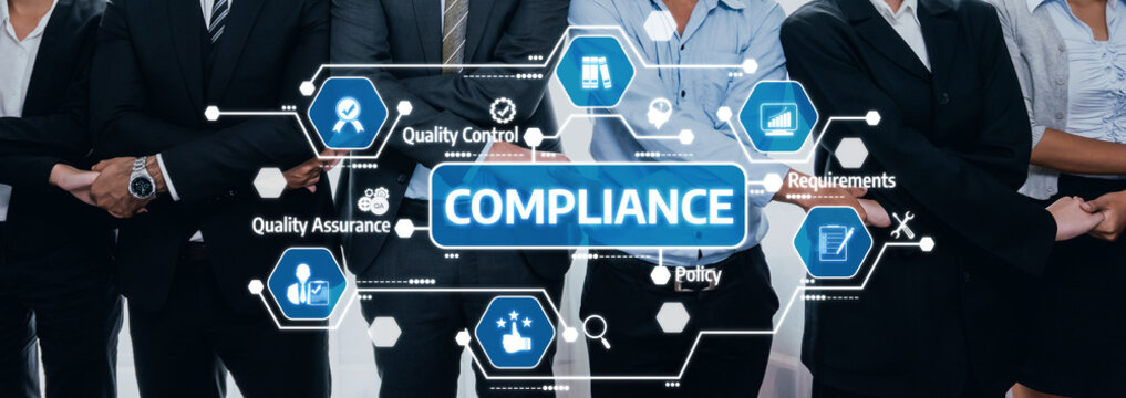 This stock photo highlights compliance management in a corporate context, showcasing diverse professionals and icons that symbolize quality control and regulatory policies. Amity