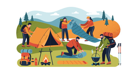 Group Of People Camping And Enjoying Outdoors Adventure In The Wilderness