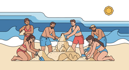 Group Of People Building Sandcastle Together During The Sunny Summer Day At The Beach
