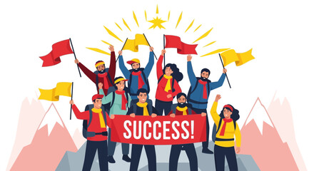 Group Of People Celebrate Success Atop Mountain With Flags and Bright Light