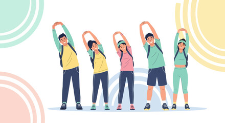 Group Of People Doing Stretching Exercises Outdoors With Colorful Background