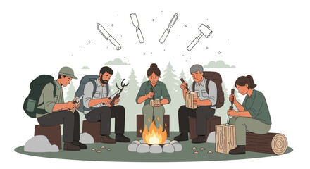 Group Of People Doing Wood Carving At A Campsite By A Warm Campfire