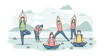 Group Of People Doing Yoga And Hiking In Nature With Peaceful Awareness