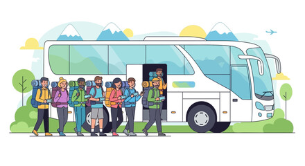 Group Of People Embarking On Adventure Trips Featuring Mountain Scenic Views and Passenger Vehicle