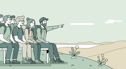 Group Of People Enjoying Scene With One Of Them Pointing To Beautiful Outdoors