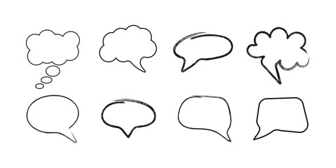 Collection of diverse hand-drawn doodle speech bubbles and thought clouds perfect for comic and graphic design, isolated on a white background, vector illustration