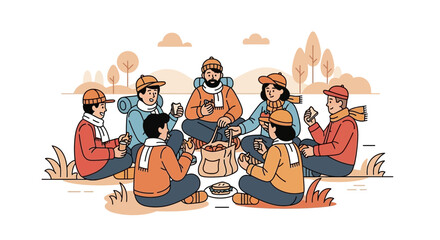 Group Of People Enjoying A Picnic Outdoors In Autumn Season Gathering Together