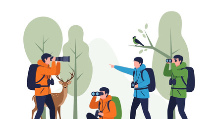 Group Of People Exploring Nature Looking At A Deer And Observing Birds
